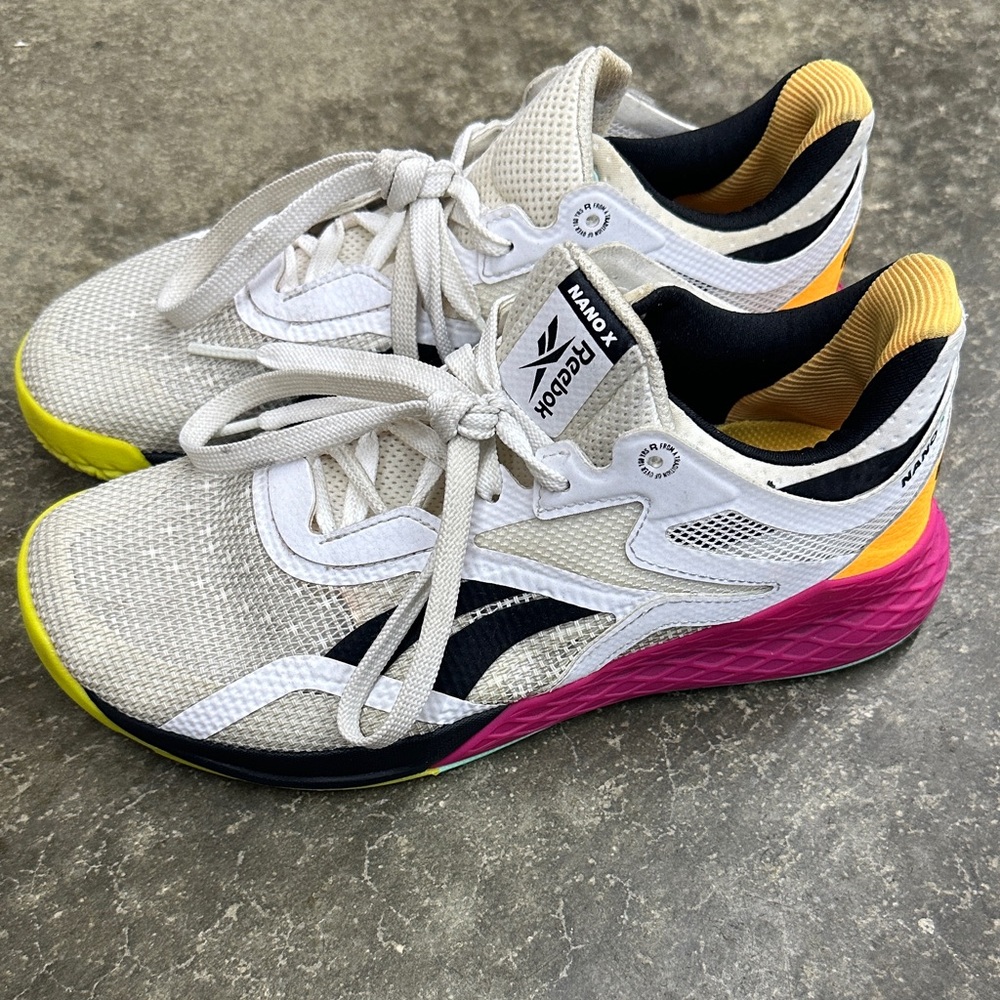 Reebok nano x White Sneakers with Pink and Yellow Accents